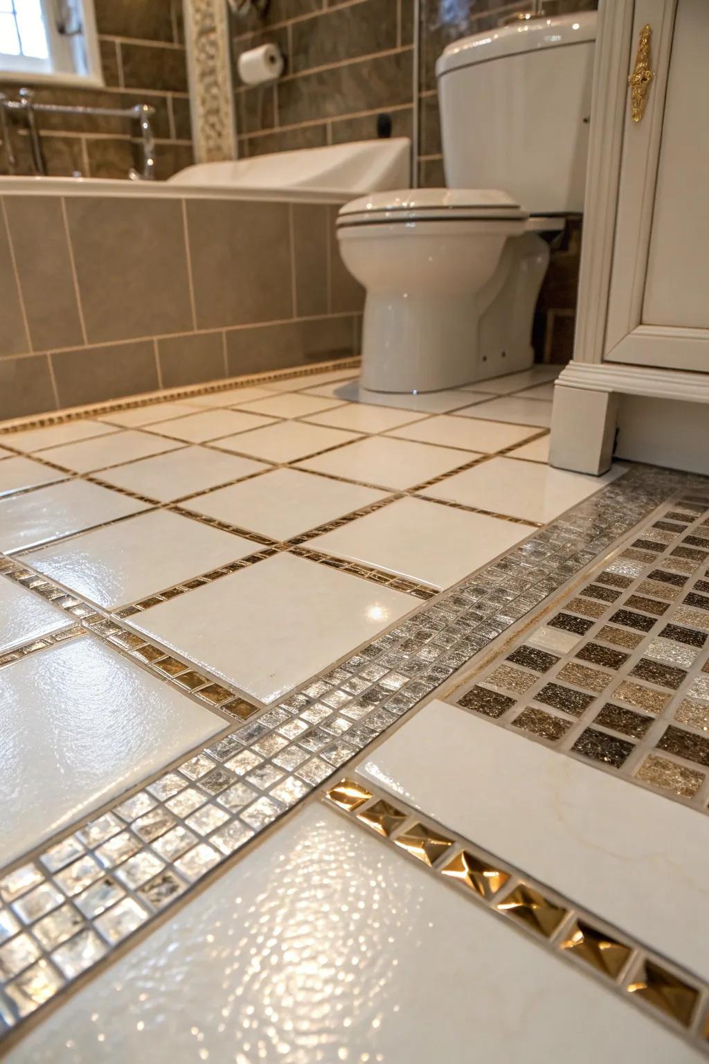 Metallic embellishments bring glamour and sophistication to washroom floors.