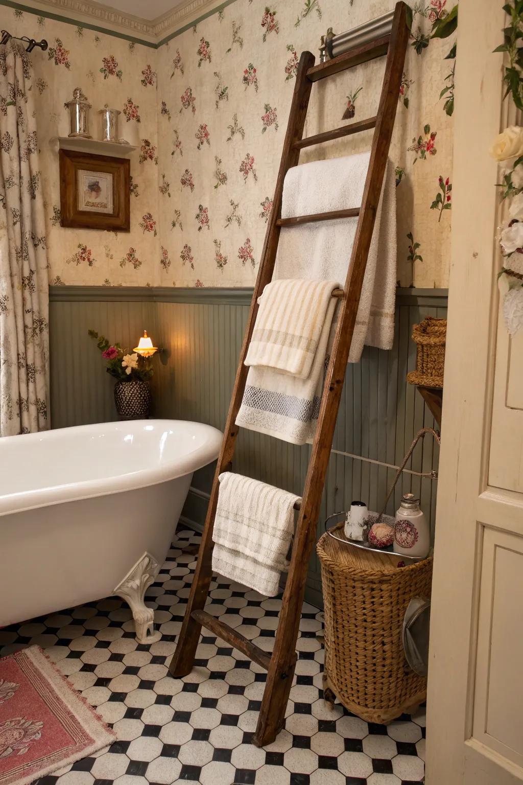 Vintage ladders contribute allure and use to cloth exhibits.