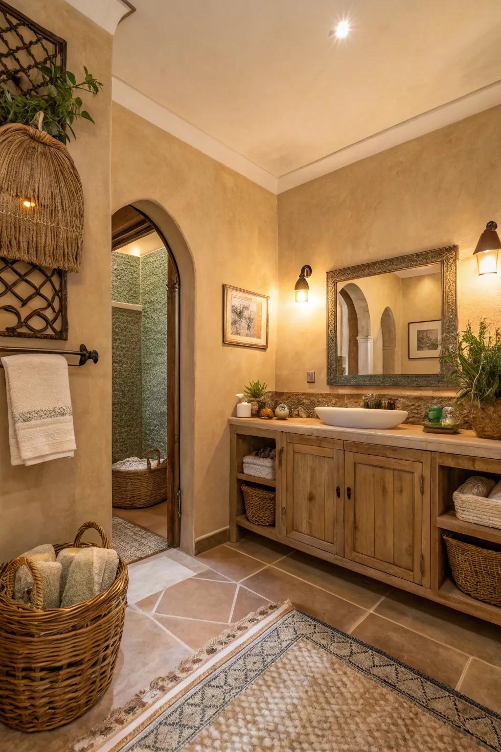Welcoming sandstone offer a comforting and rooted bathroom atmosphere.