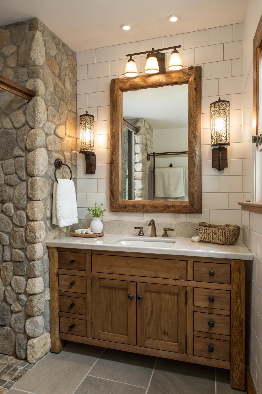 Wall lights fashioned from genuine materials contribute an organic embellishment.