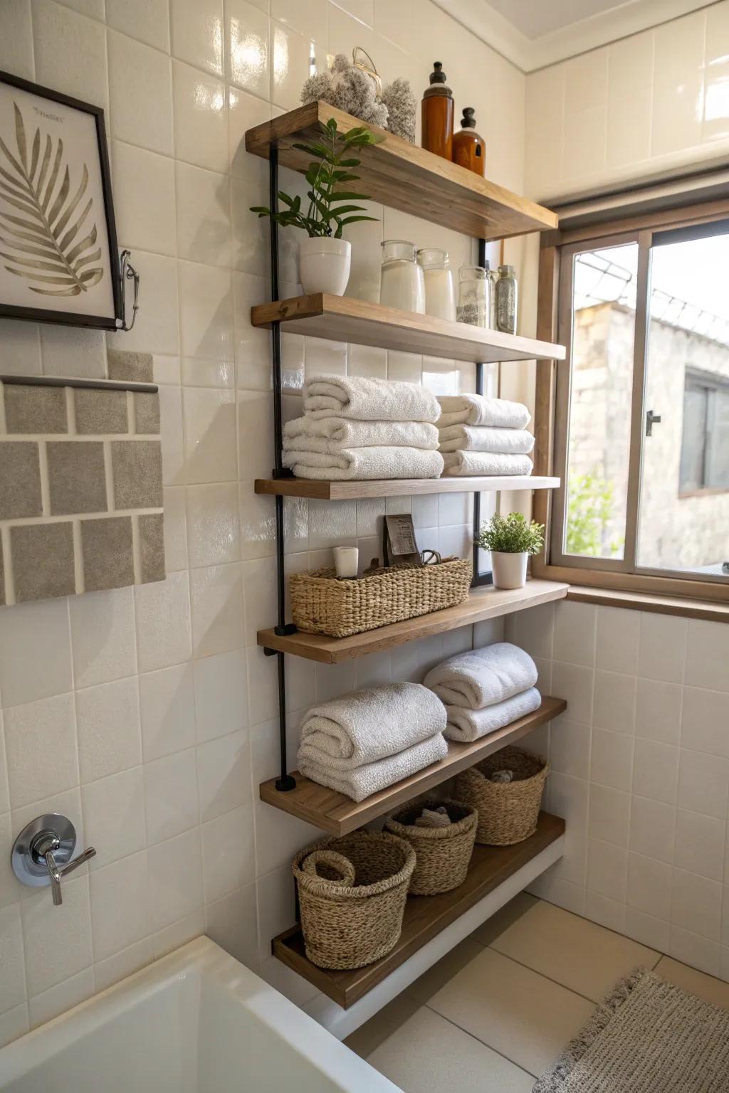 Tiered shelves present a dynamic and functional towel storage answer.