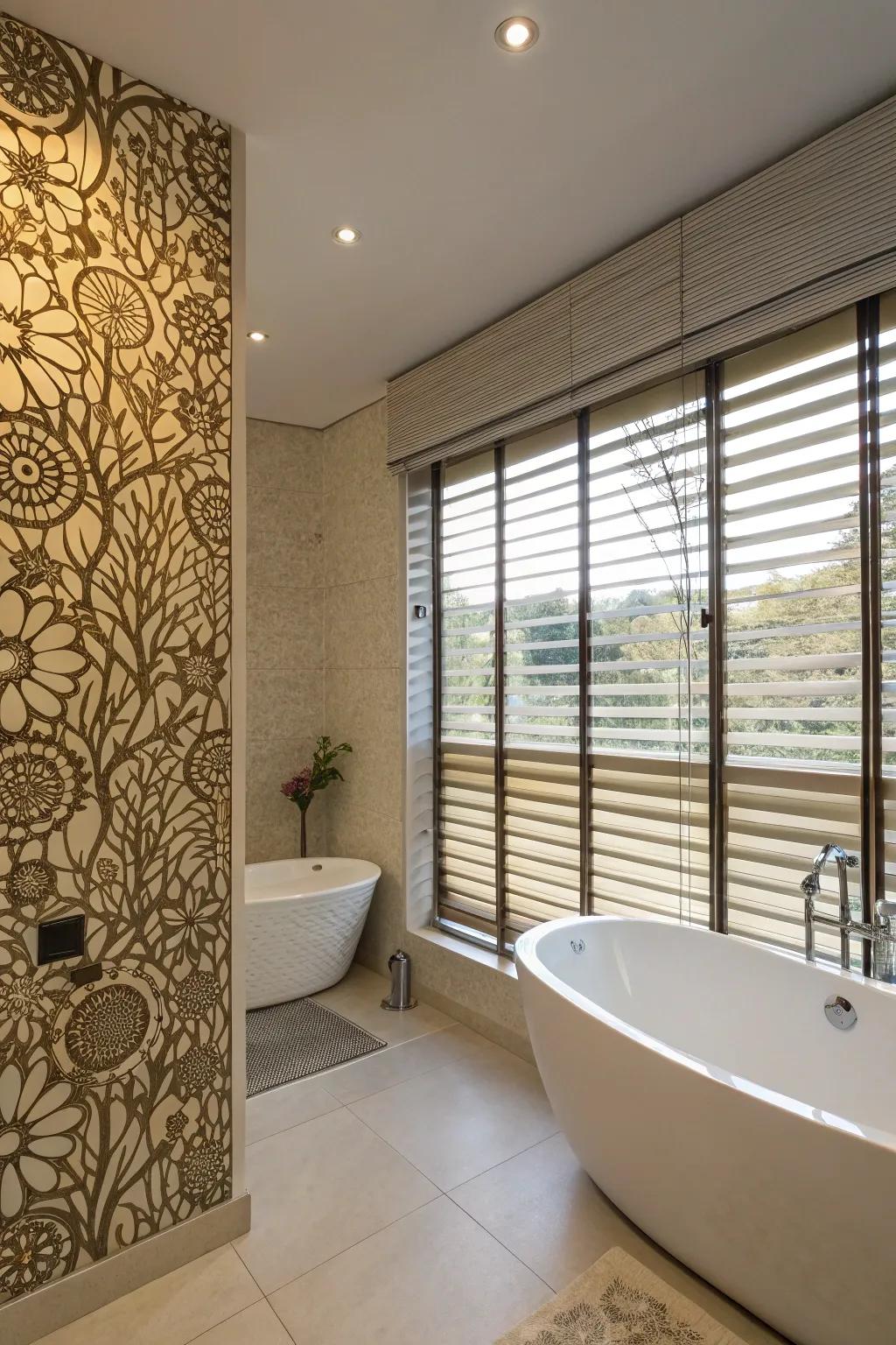 Creative solutions such as wall blinds add unique charm to washrooms.