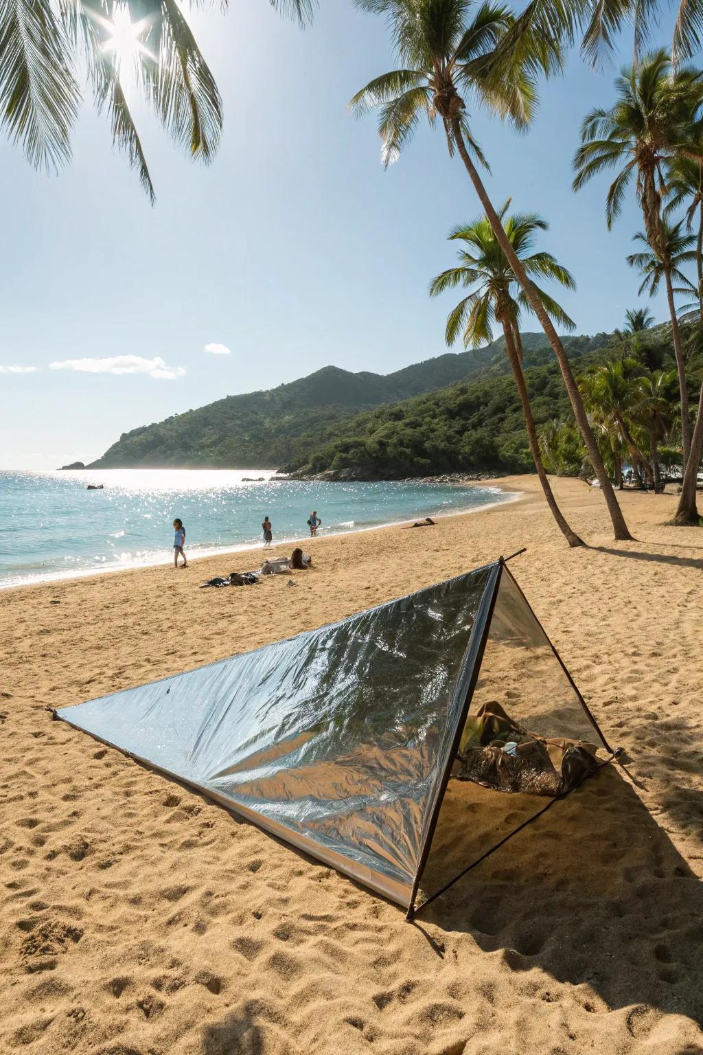 Reflecting tarps cut heat and set up easy.
