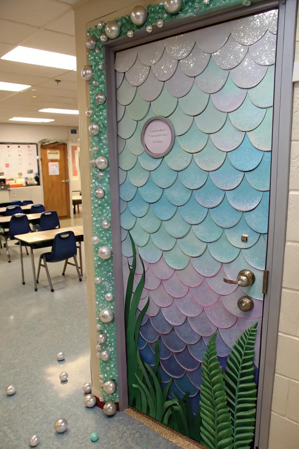 Classroom entrance transformed into a mystical mermaid's cove.
