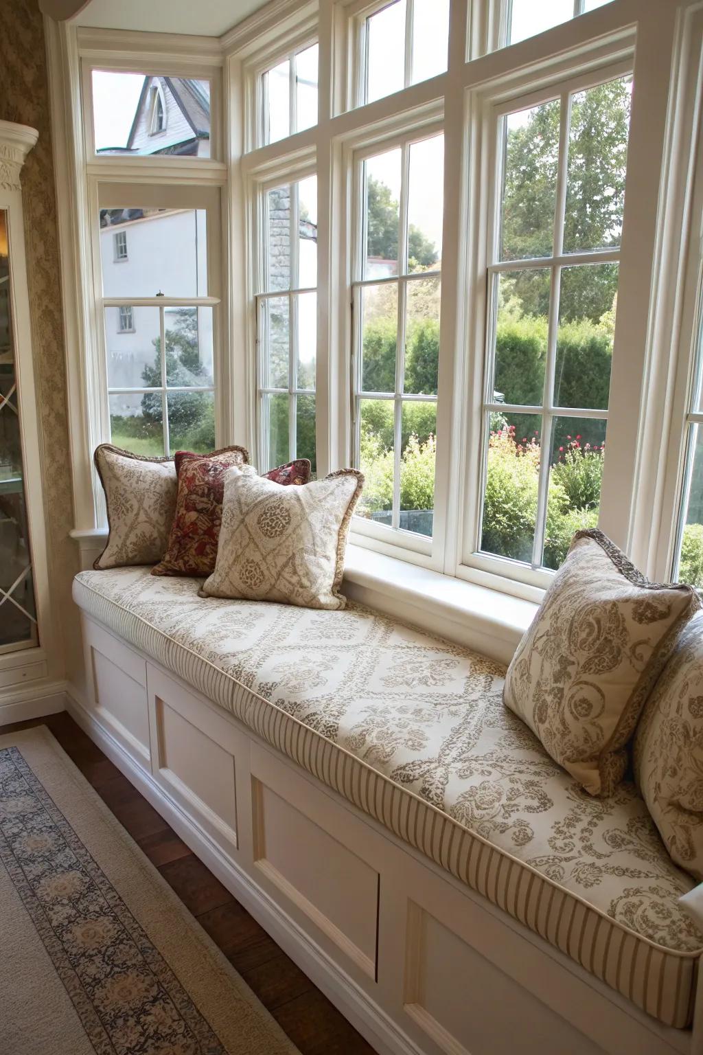 A custom window seat offers elegance and a perfect fit.