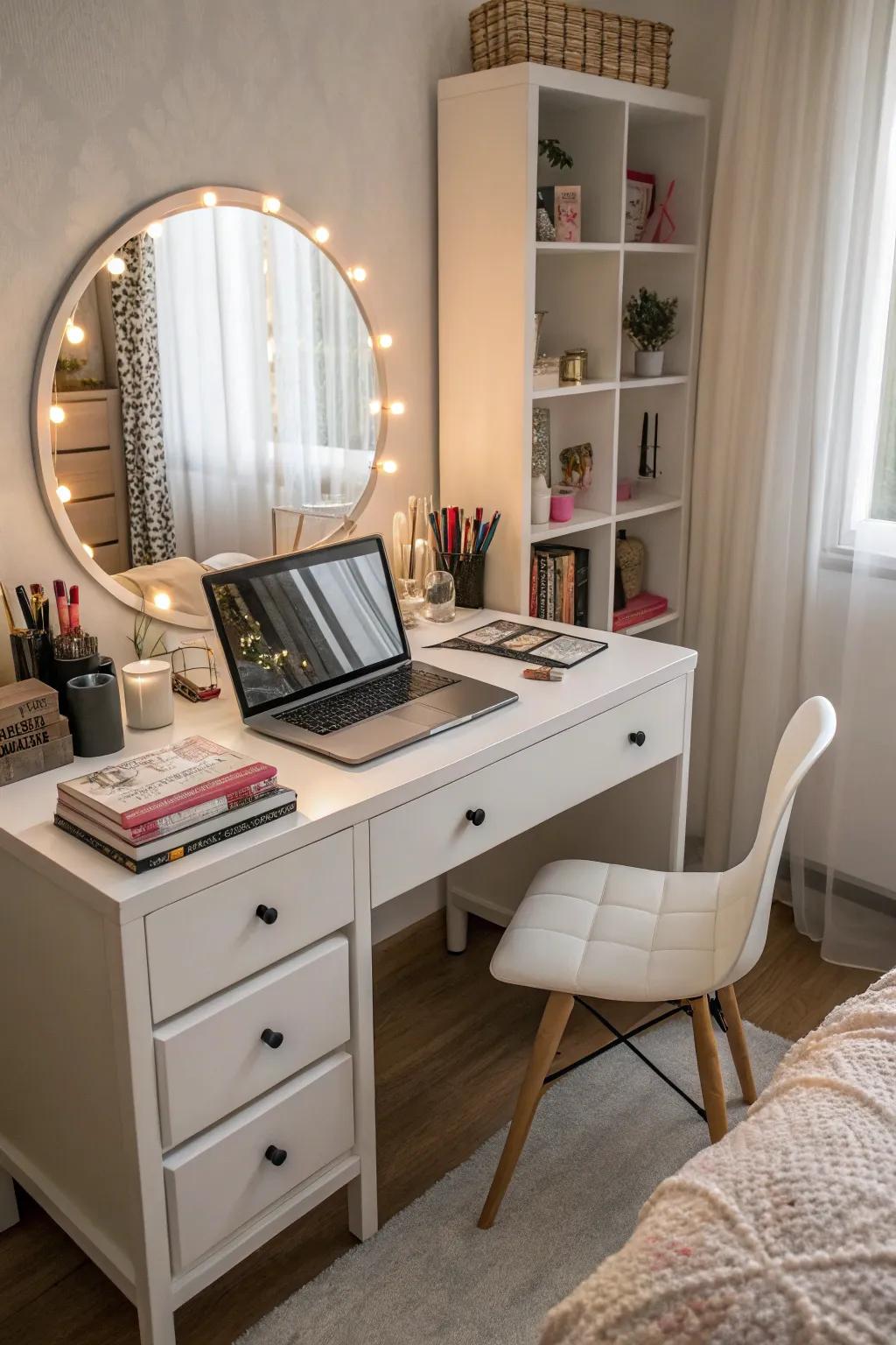 A multi-functional space contributes practicality to this fashionable bedroom.