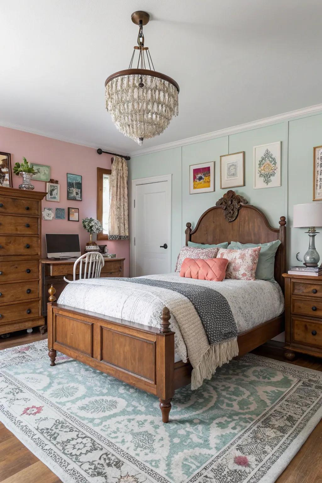 A bedroom showcasing a curated intermix of vintage and modern elements.