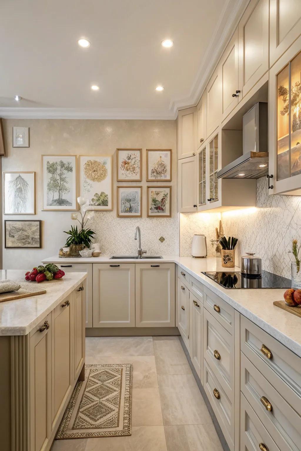 Art pieces introduce character and function as points of focus in the kitchen.