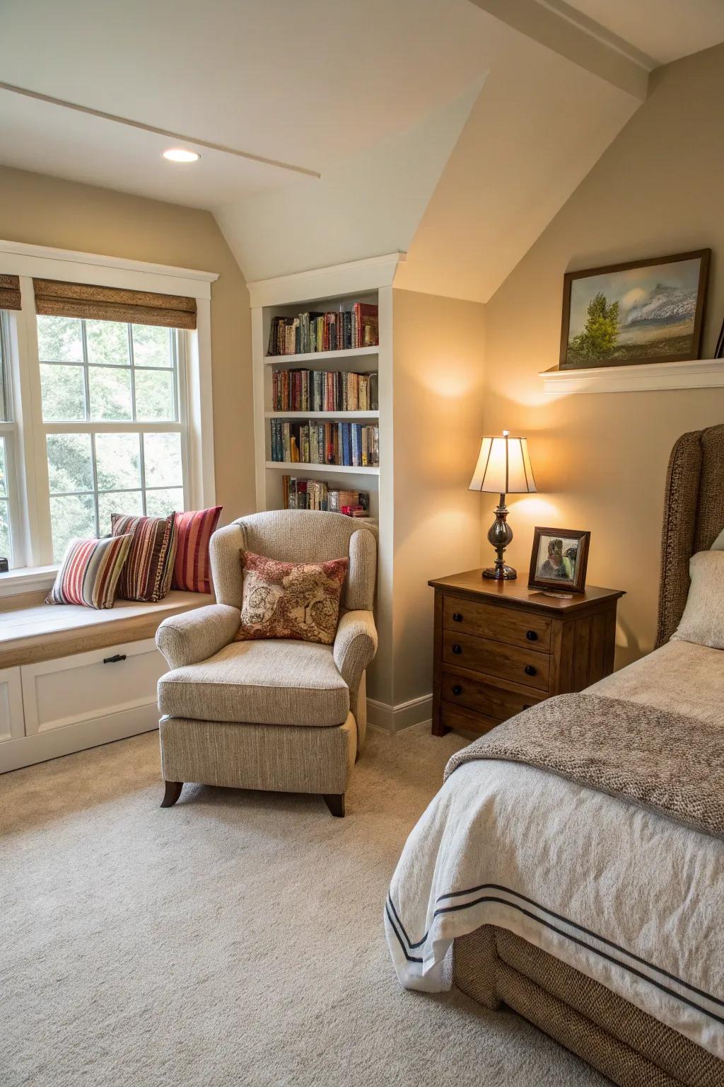 A reading alcove offers a peaceful escape in this beige carpeted bedroom.