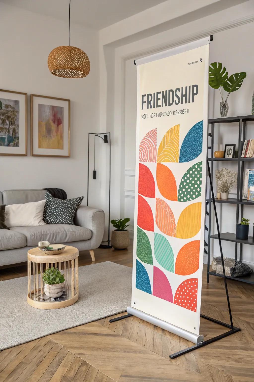 An abstract friendship poster adding artistic flair to a modern living room.