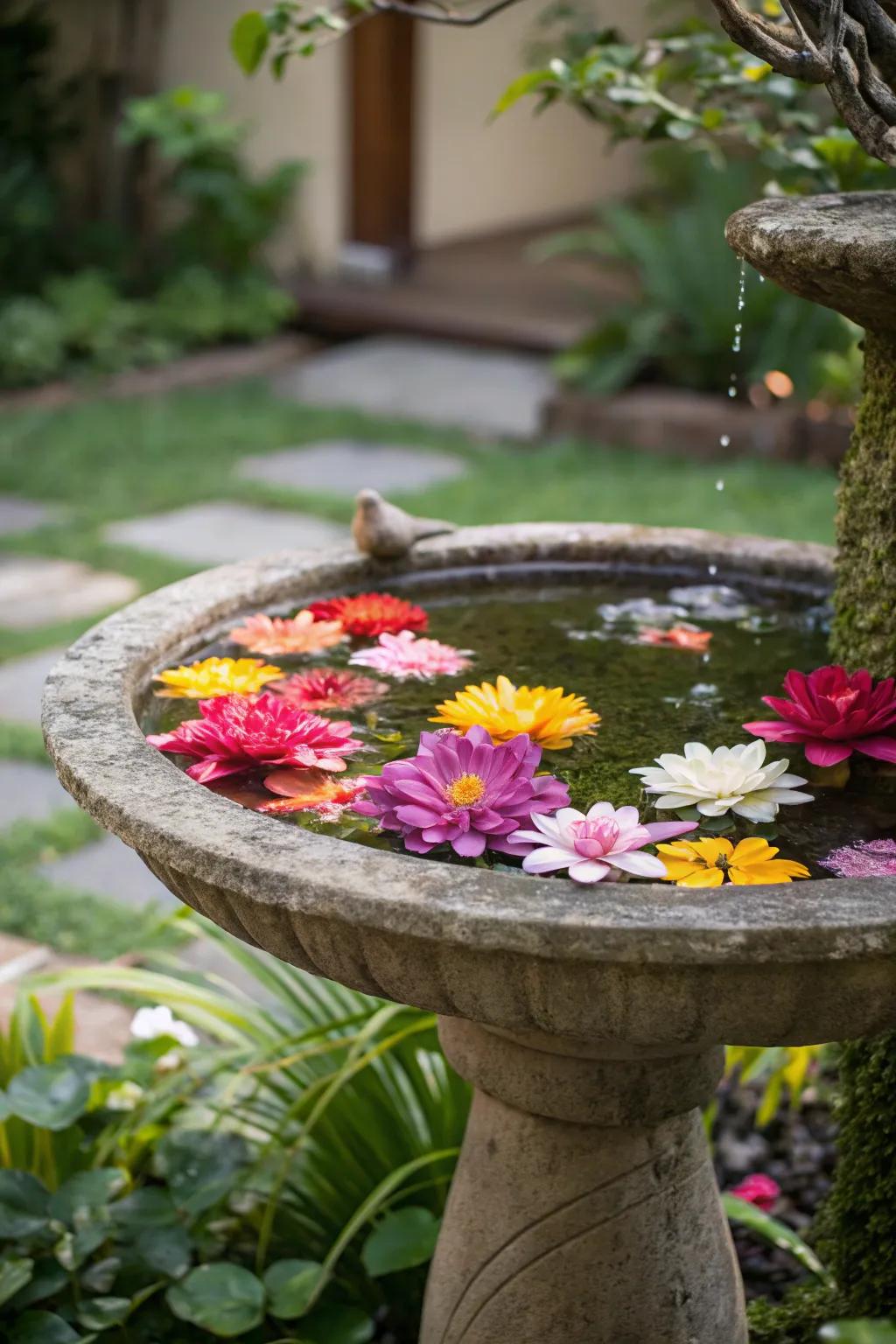 A bird bath adorned with drifting blossoms for a nuance of elegance.