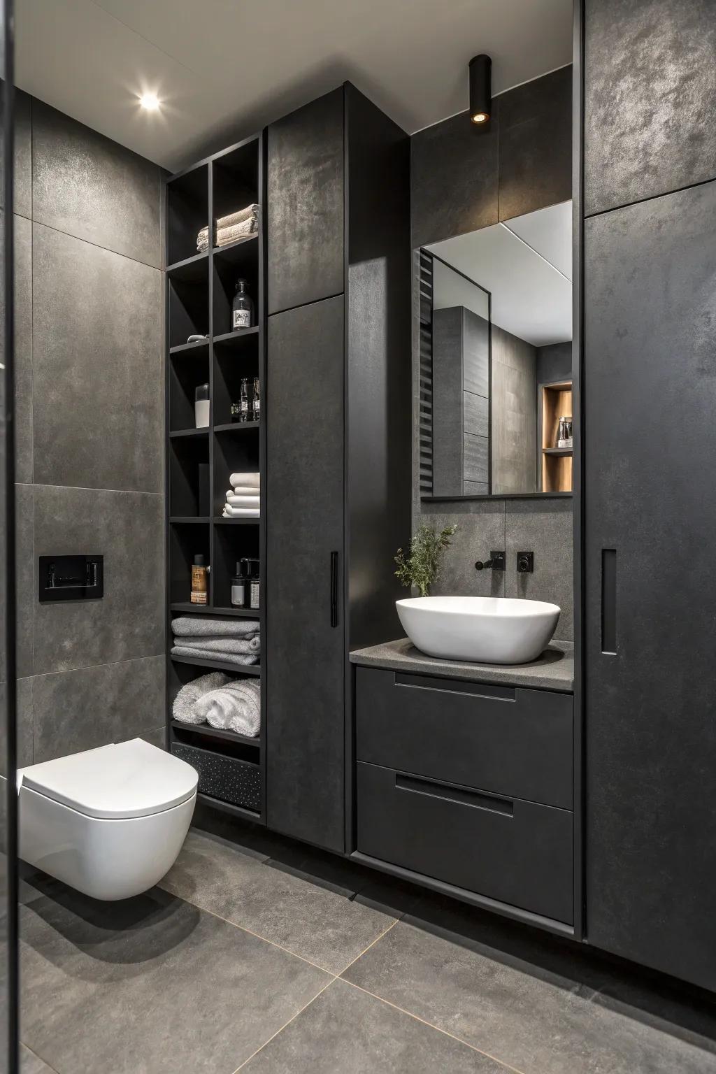 A bathroom with latent storage resolutions for a clutter-free environment.