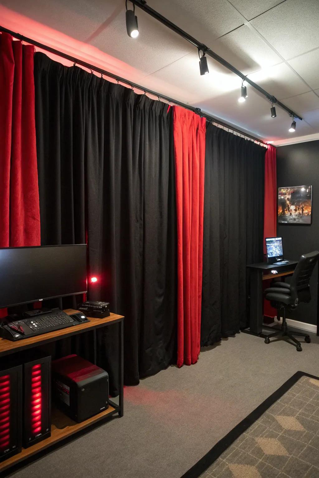 Blackout drapes in black and scarlet enhance focus and contribute to aesthetic harmony.