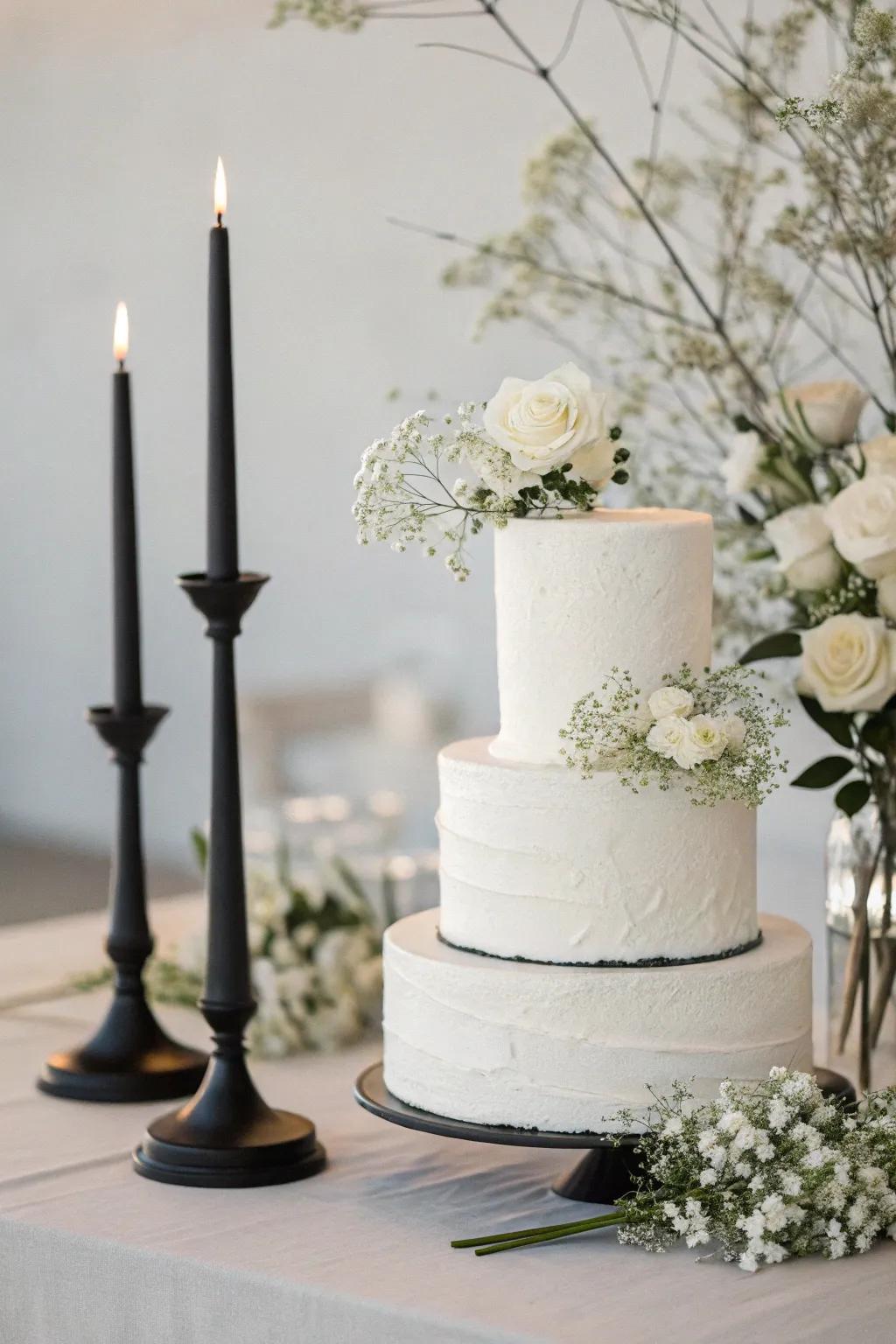 A minimalist cake display with black candlesticks enhances the wedding theme.