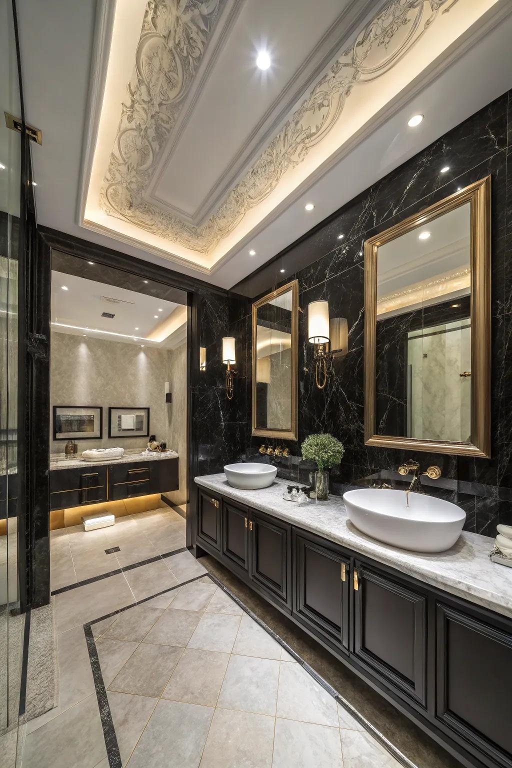 A black ceiling contributes striking style and depth.