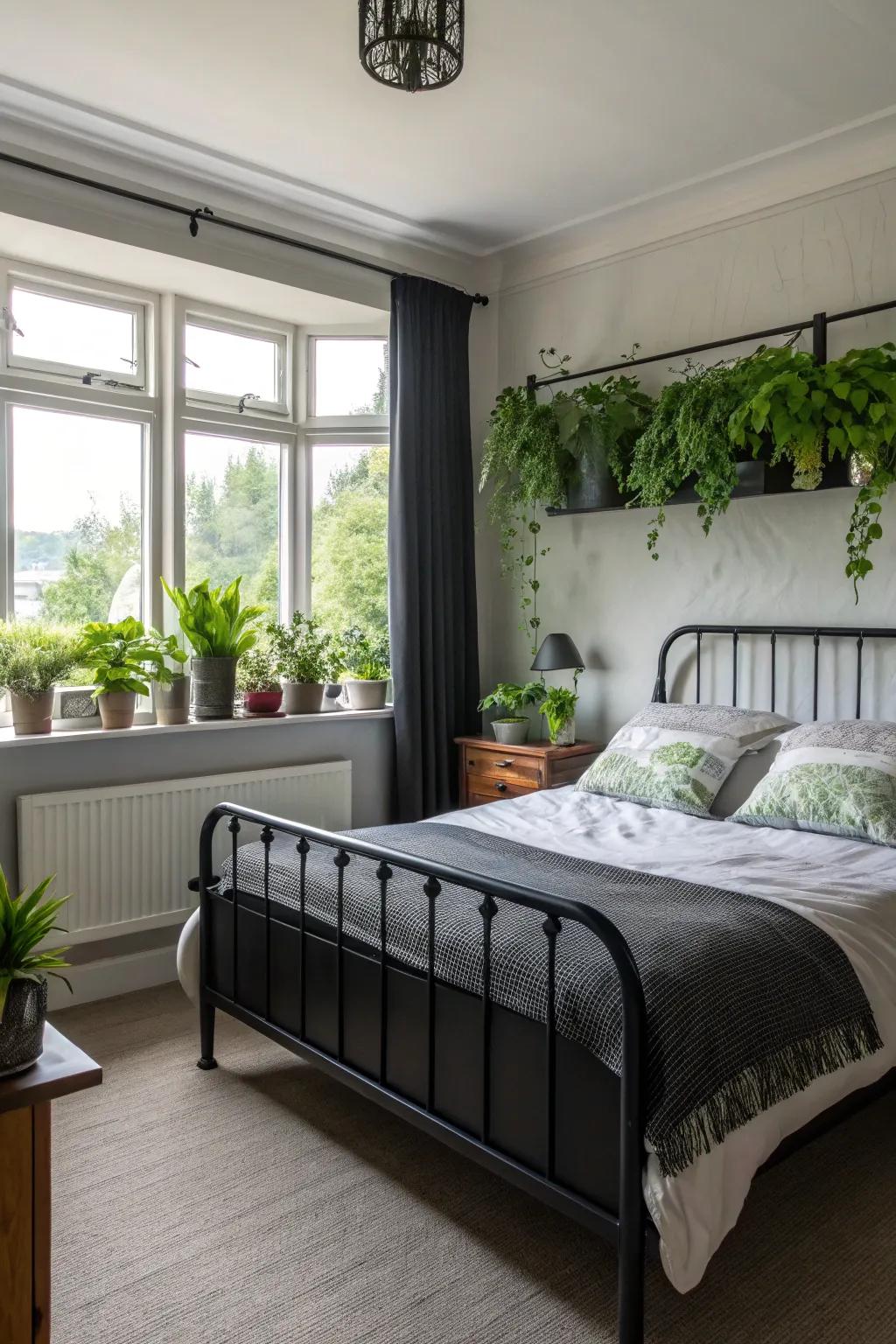 Lush plants bring freshness and life to this dark-themed bedroom.