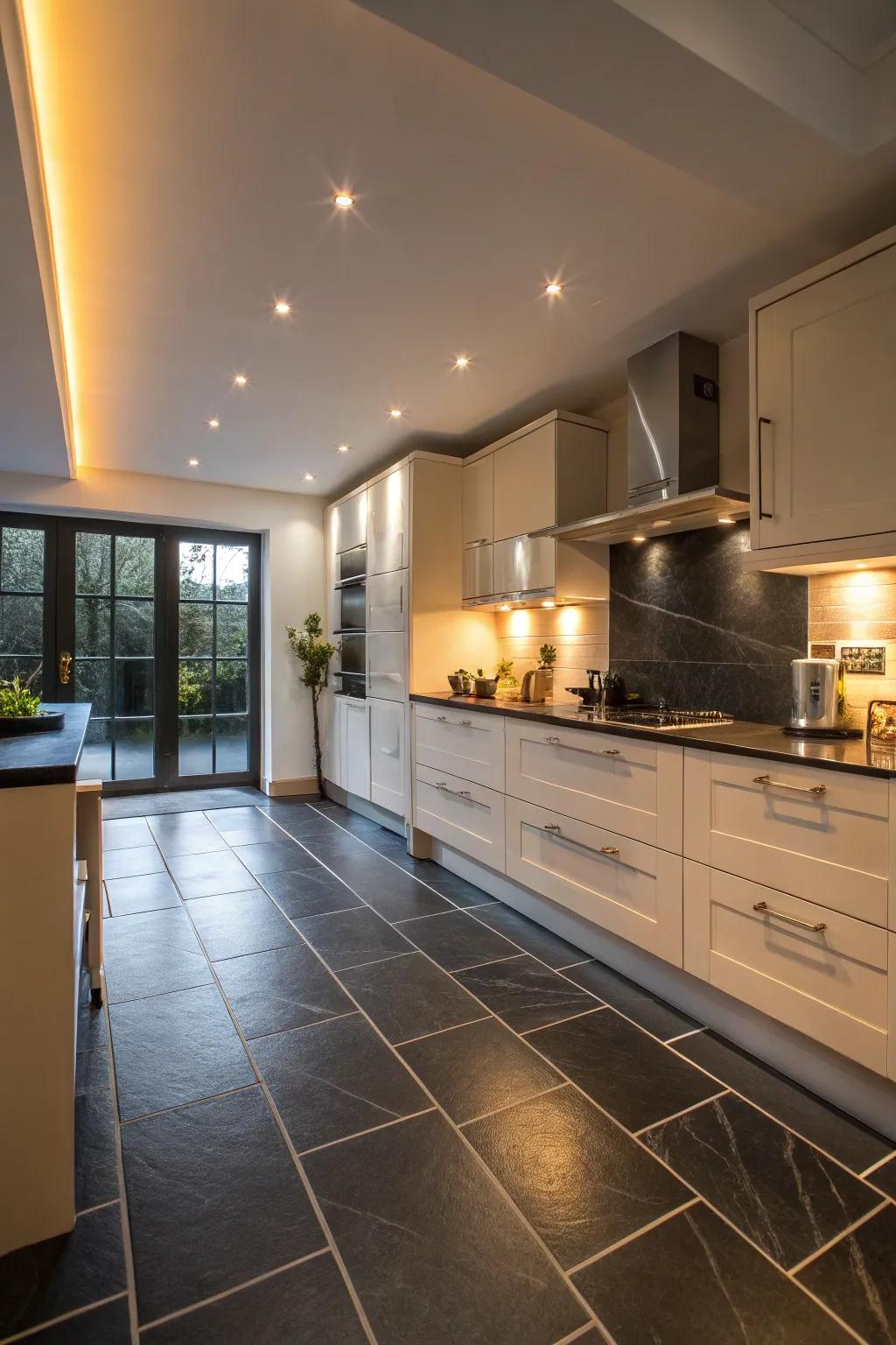 An elegant kitchen featuring flat dark floor tiles for a soft look.