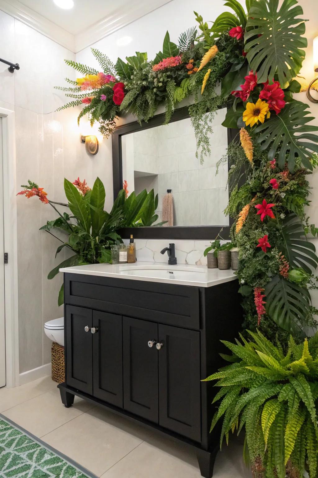 Botanical decor brings a vibrant and refreshing element to a dark washstand bathroom.