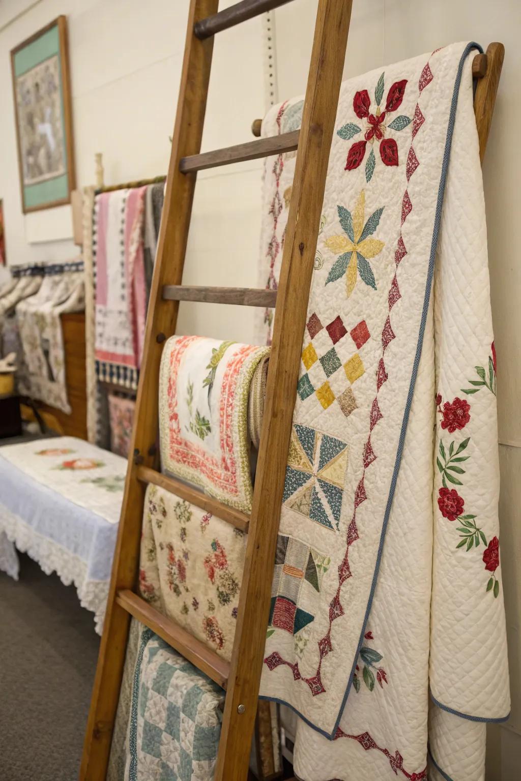 Vintage textiles on display stairs for throws add nostalgia and charm.
