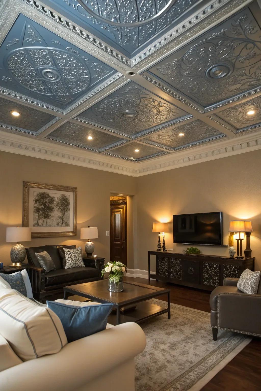 Unique blue and silver upper area details enhance the height and sophistication of this living room.