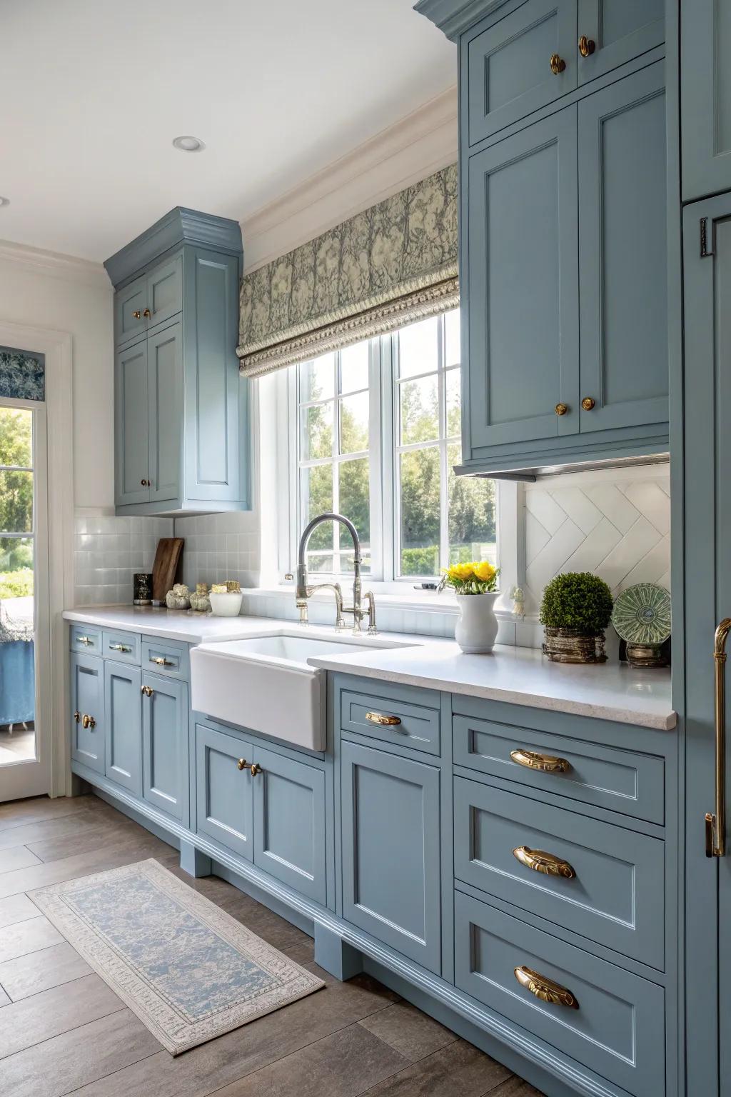A fusion of classic and modern styles with azure cabinetry creates a balanced kitchen design.