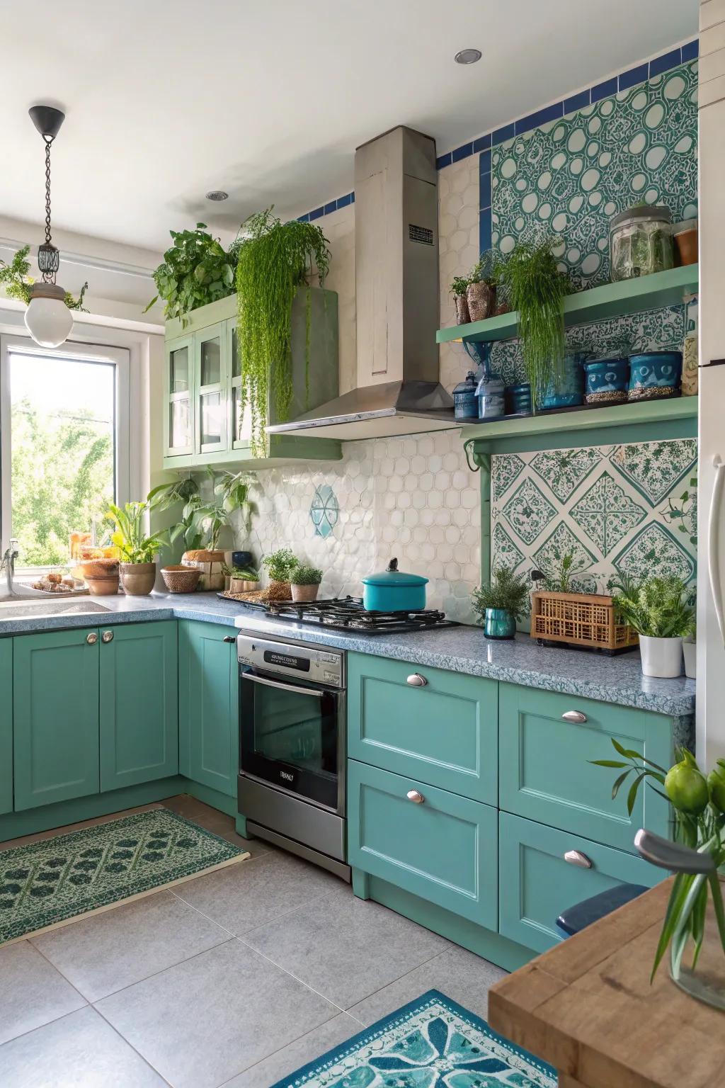 A vibrant kitchen with a soothing azure and verdant palette.