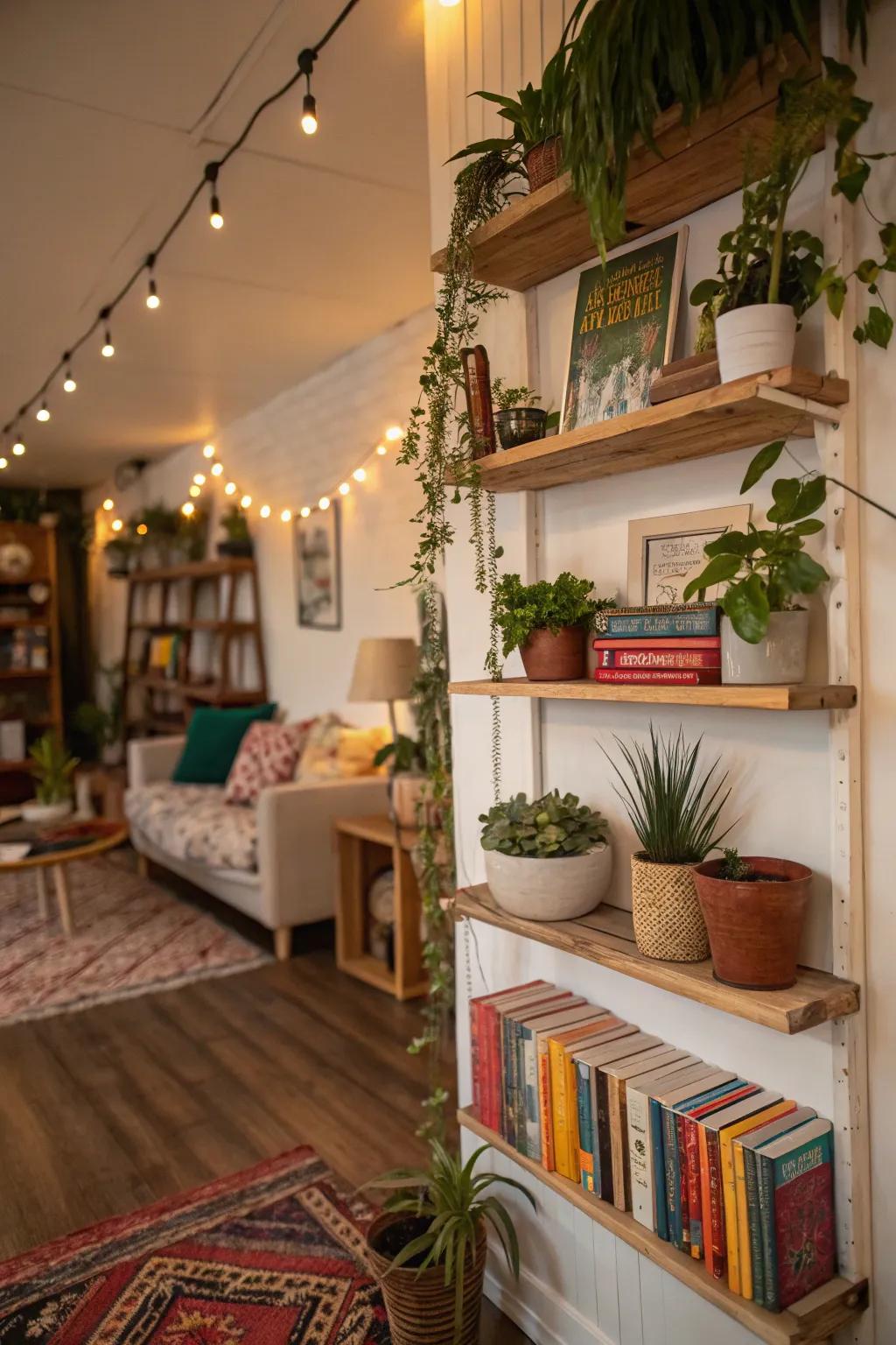 Artistic shelving creatively showcases botanicals and decor.
