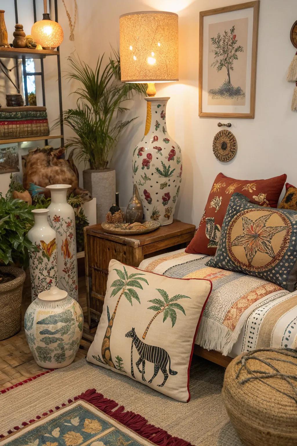 Animal motifs bring a whimsical touch to boho decor.