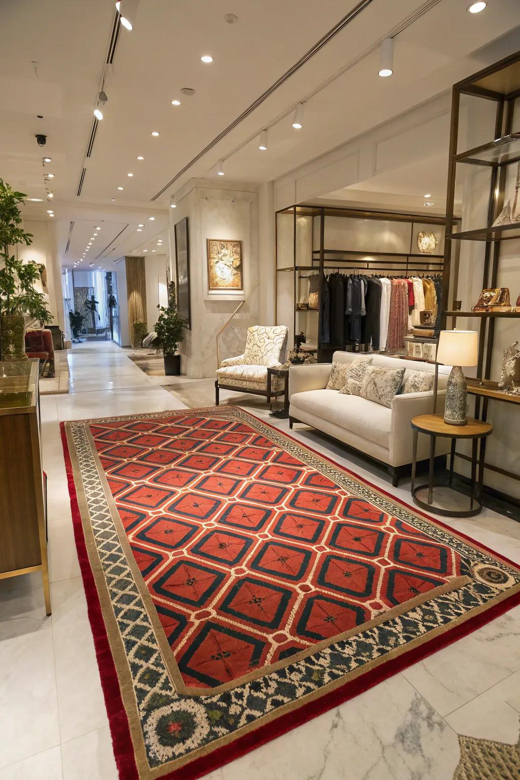 A boutique interior featuring a bold rug, anchoring the decor and adding warmth and style.