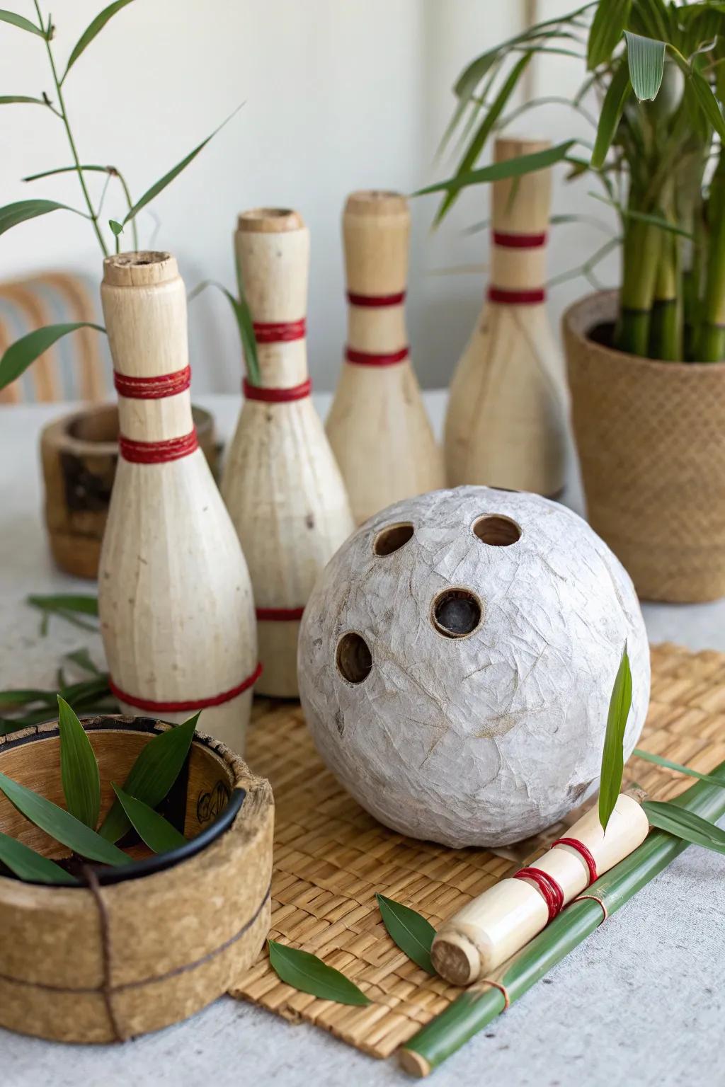 Stylish and eco-conscious elements for a conscious bowling centerpiece.