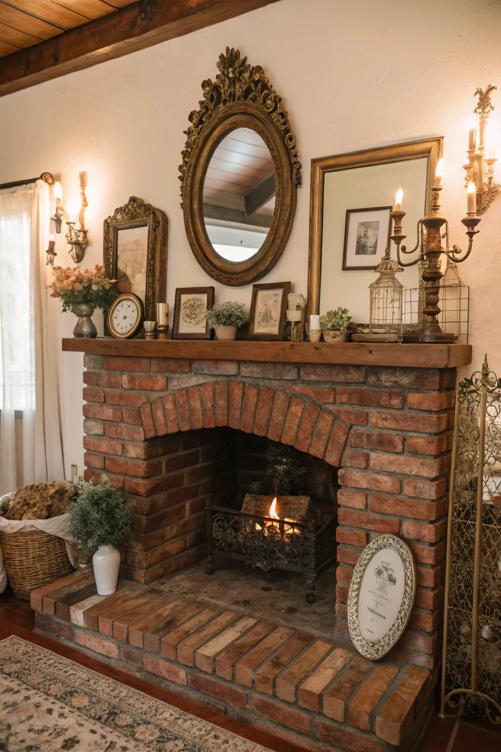 A brick hearth adorned with vintage accents, contributing character to the space.