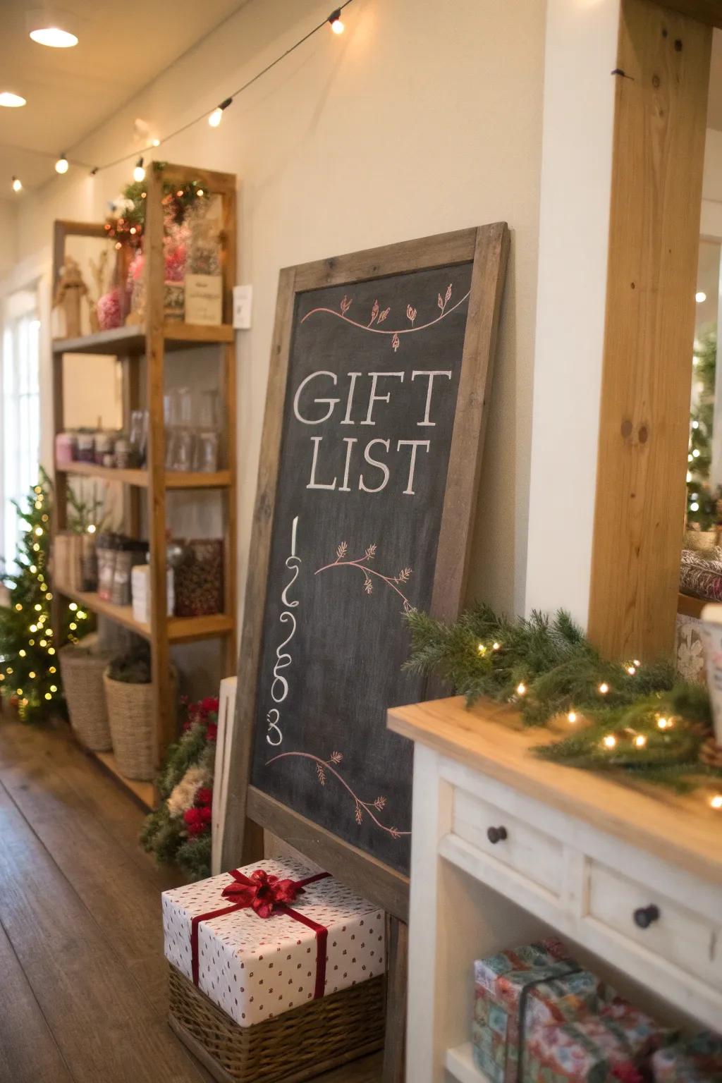 A chalkboard present record makes it easy to remember who brought what.
