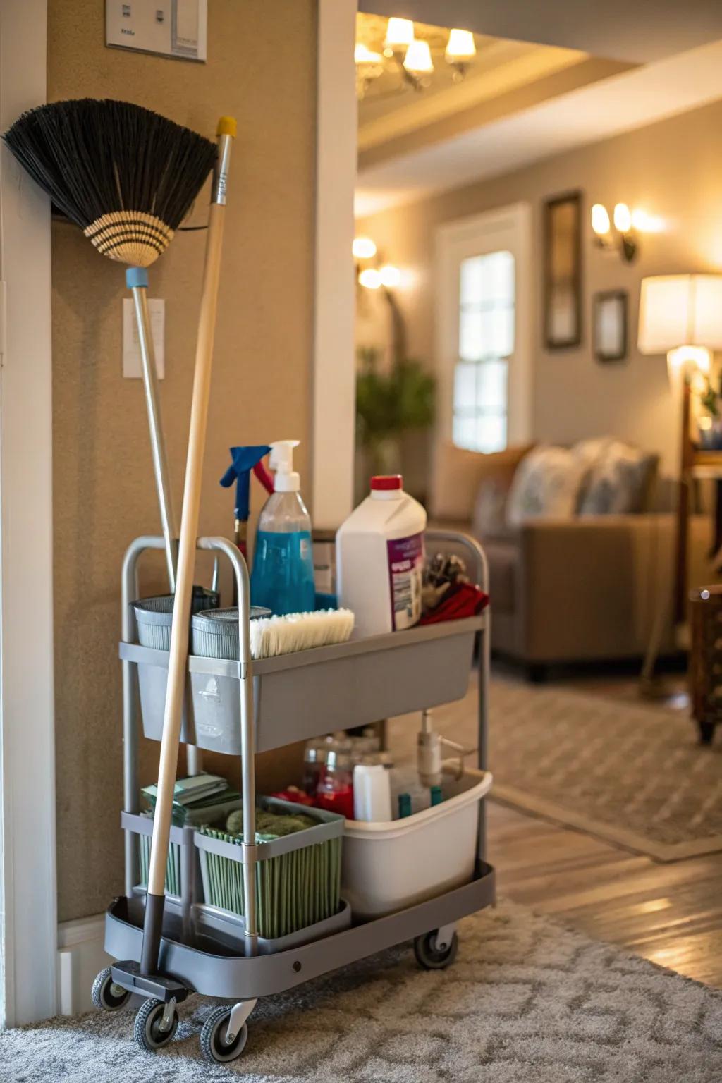 A convenient storage solution for brooms that can be moved easily.