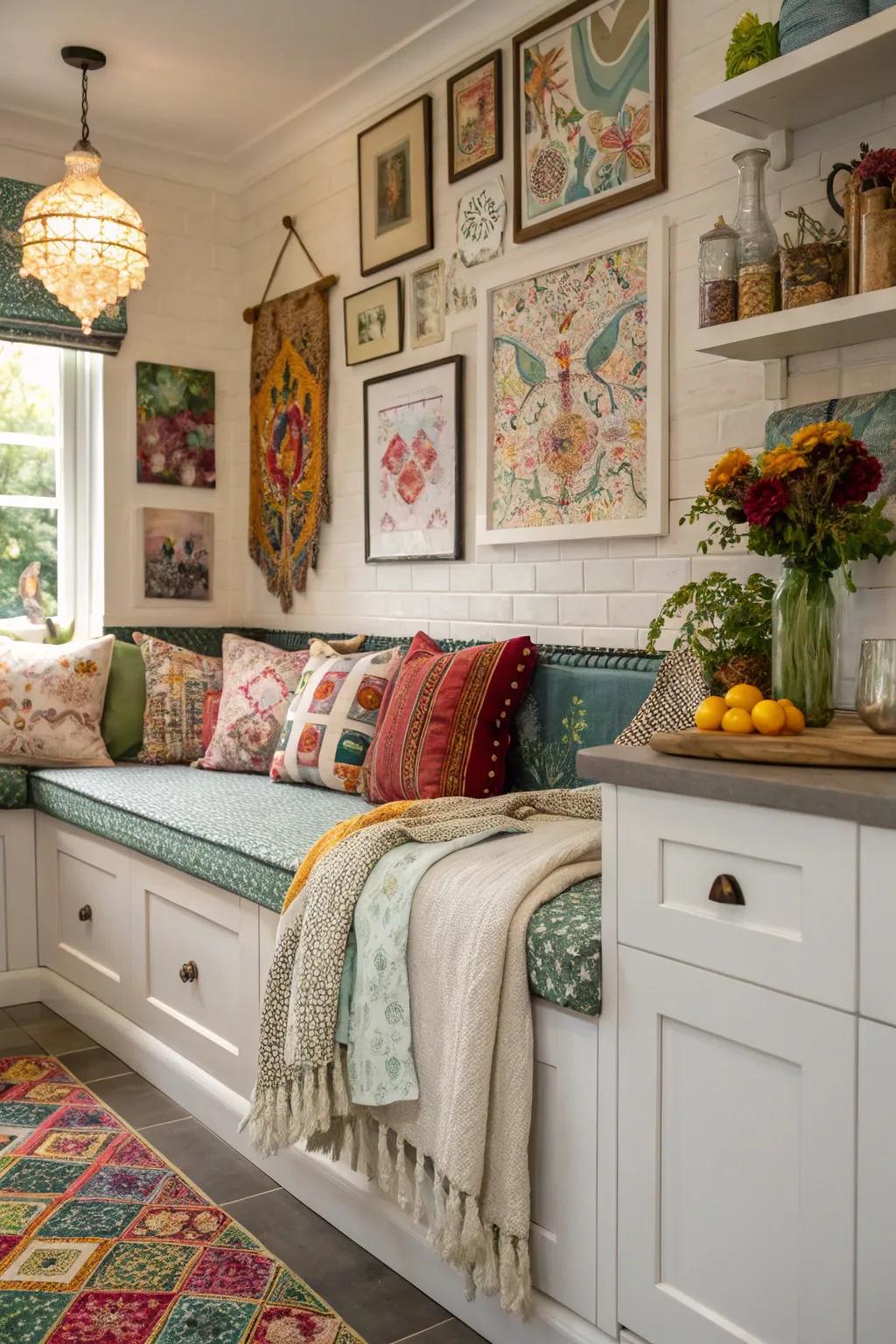 Imbue personality through art and textiles around your bench.