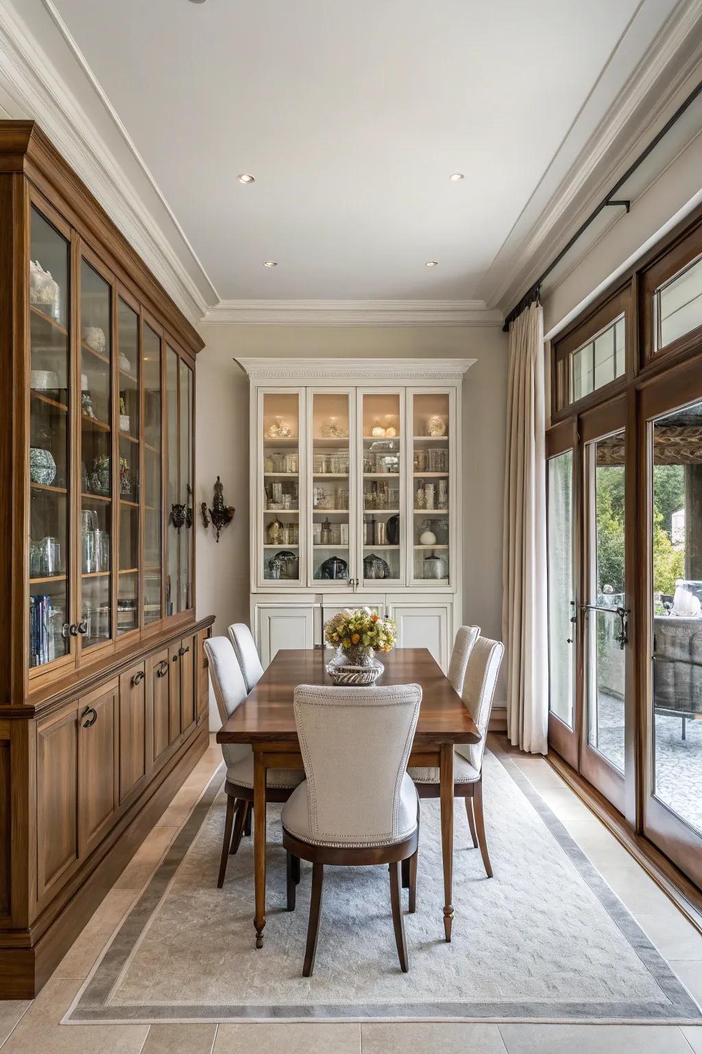 Harmonious dining area featuring symmetrically arranged built-in cabinets.