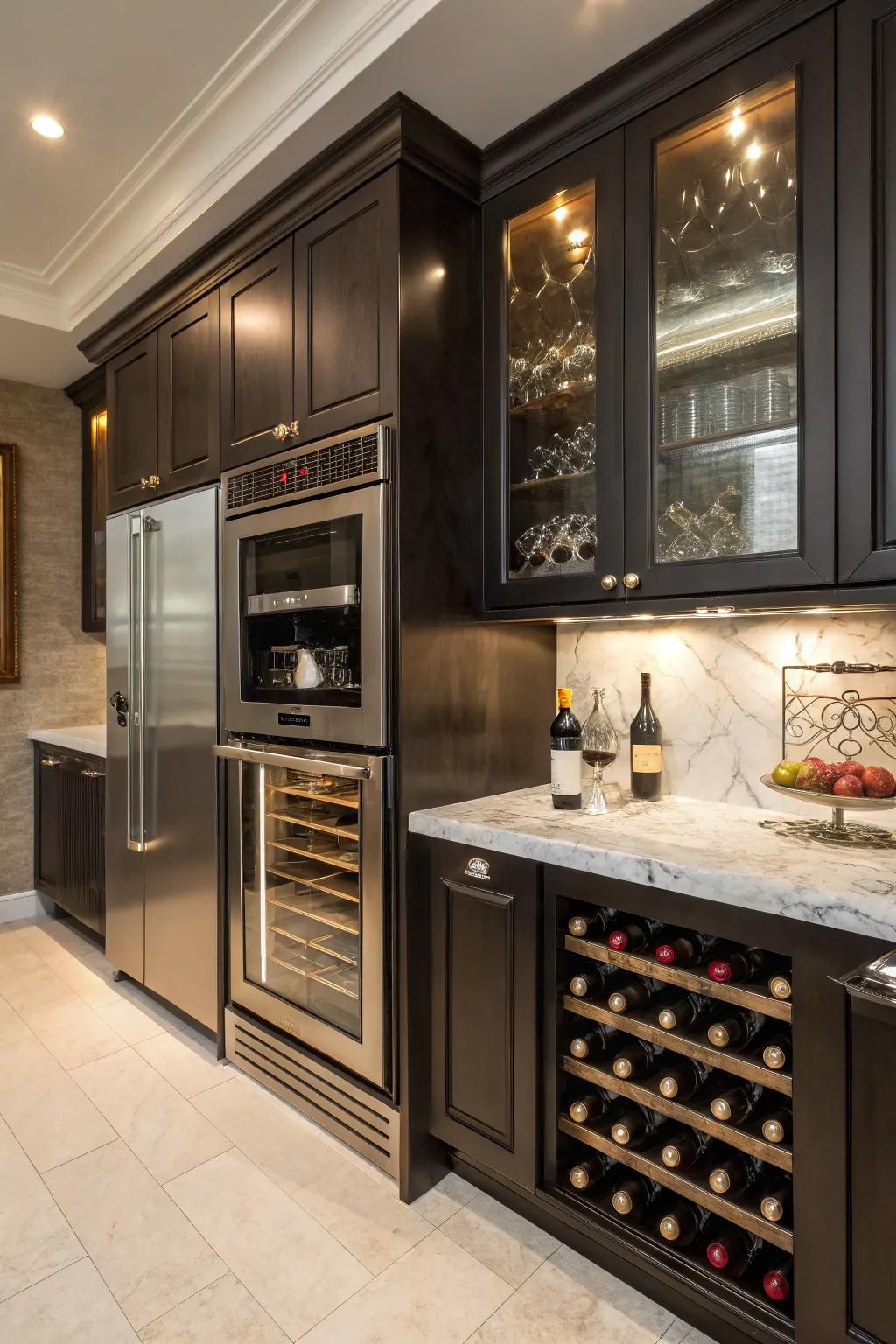 Luxury kitchen design with the microwave stacked above a wine fridge.