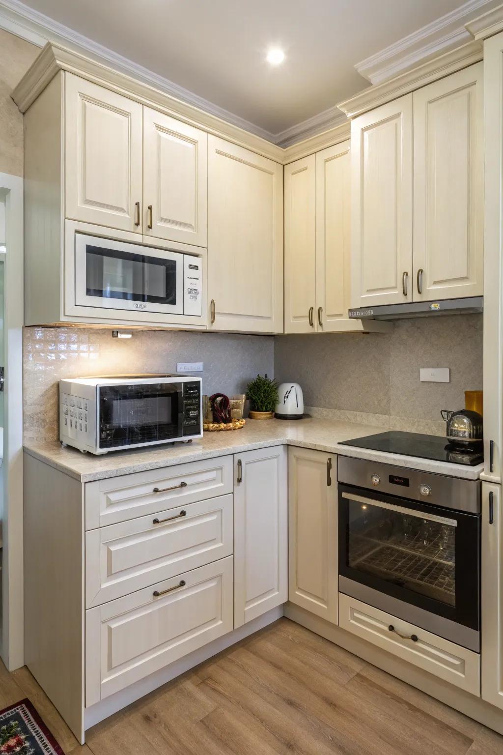 A microwave intelligently placed in an unused corner area.