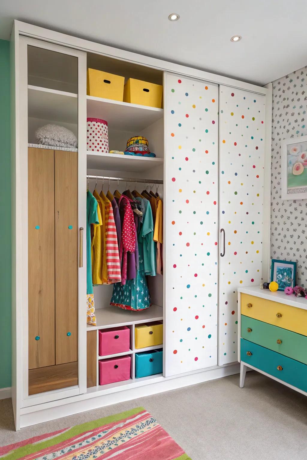 Chromatic interior highlights inject a cheerful element of surprise into wardrobe designs.