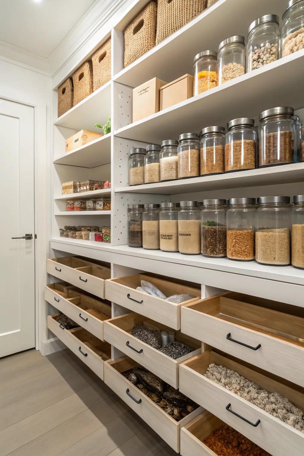 Shelves that pull out make it easy to get to the back of the pantry.