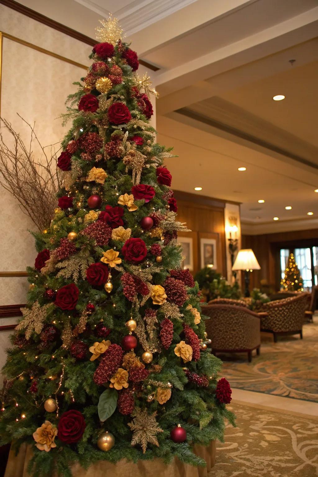 Floral compositions append volume and texture to the tree.