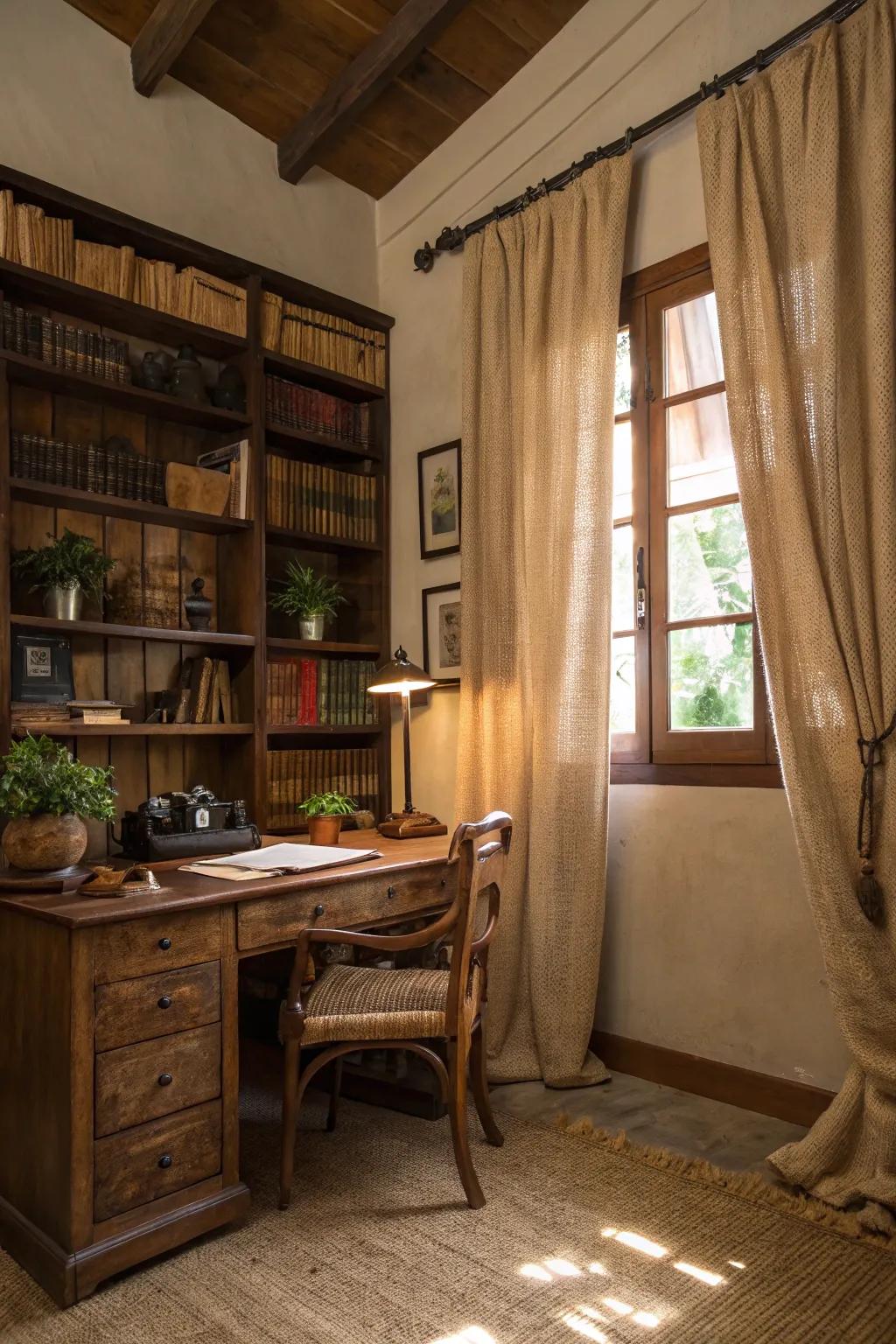 Sackcloth drapes inspire creativity in a rustic office.