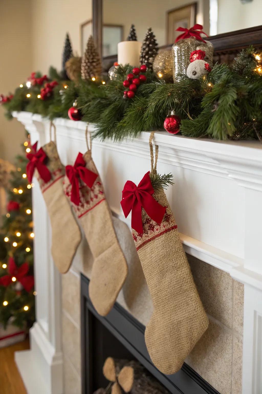 Hessian infuses a countryside allure to holiday mantels.