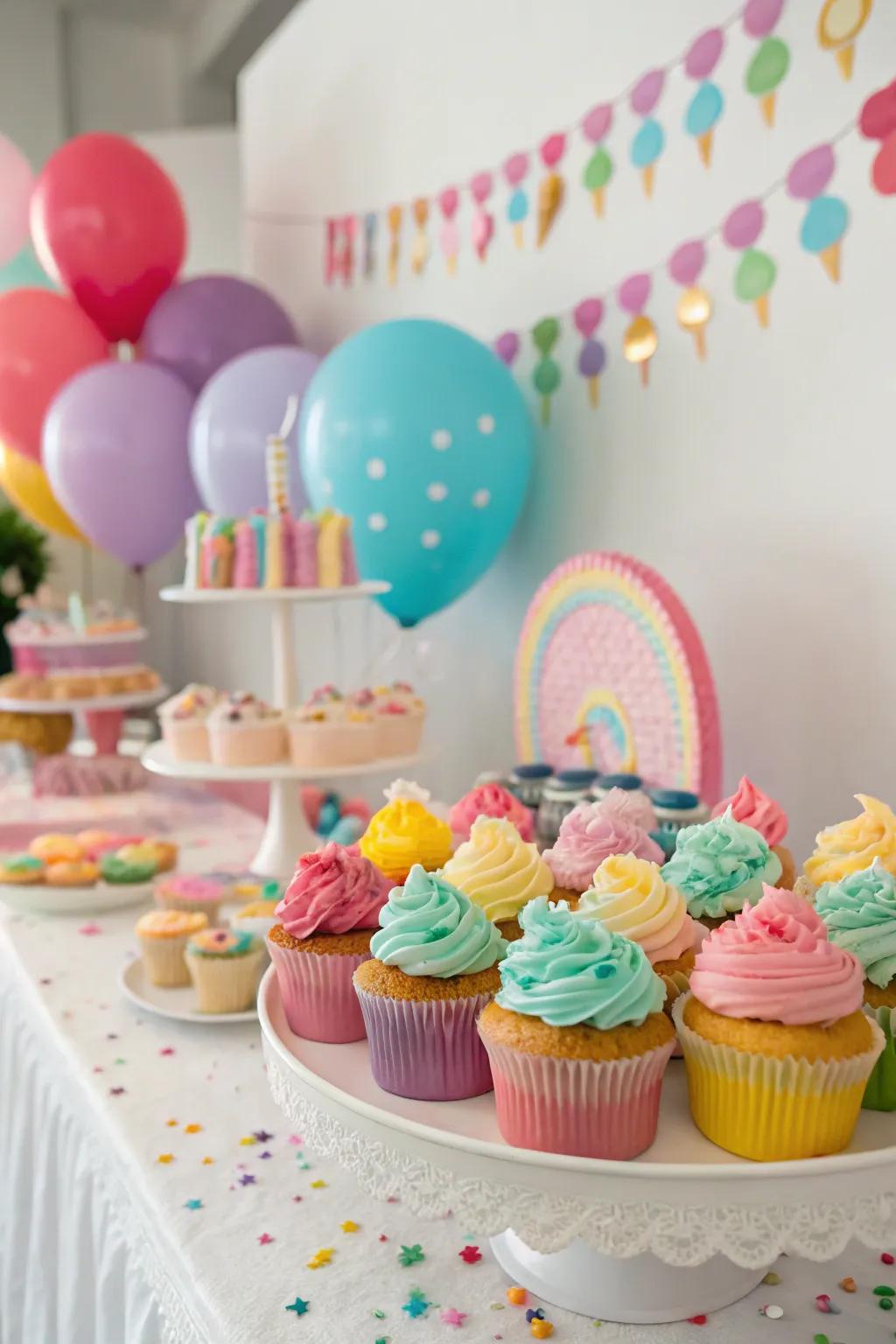 A cake table flanked by colorful cupcakes, adding playfulness and variety.