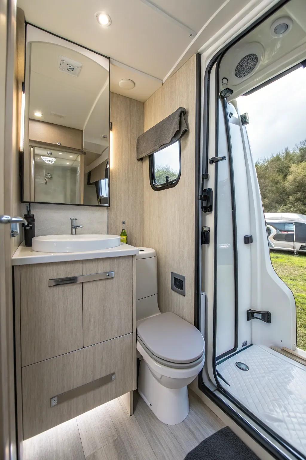 Stylish waterproof wall panels in a camper van bathroom.