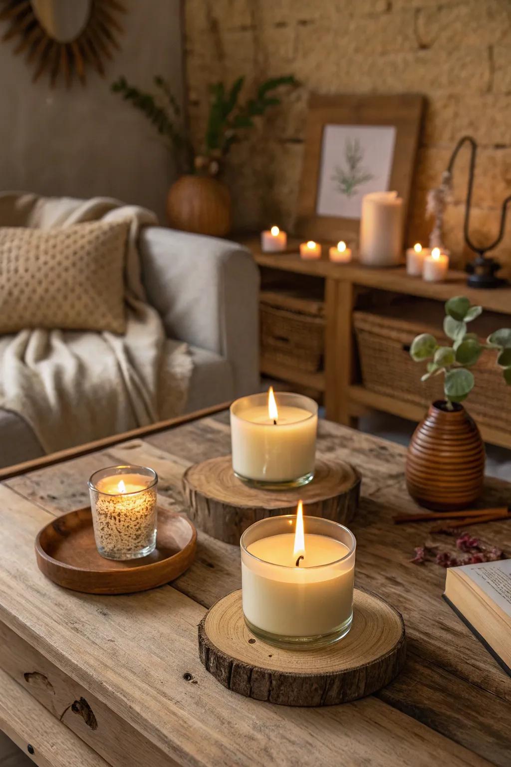 Snug ambiance featuring wooden wick candles.