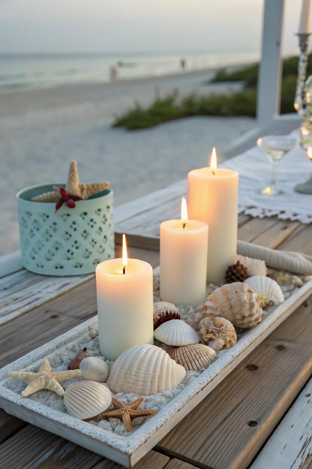 A seaside-themed flame setting with seashells.