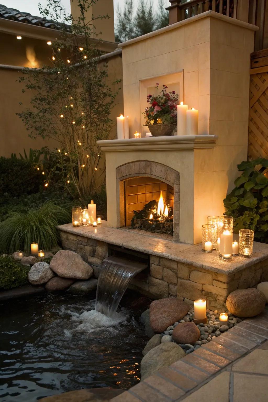 Waxlights accompanied by a hydrological feature engender a serene and pacifying hearth atmosphere.