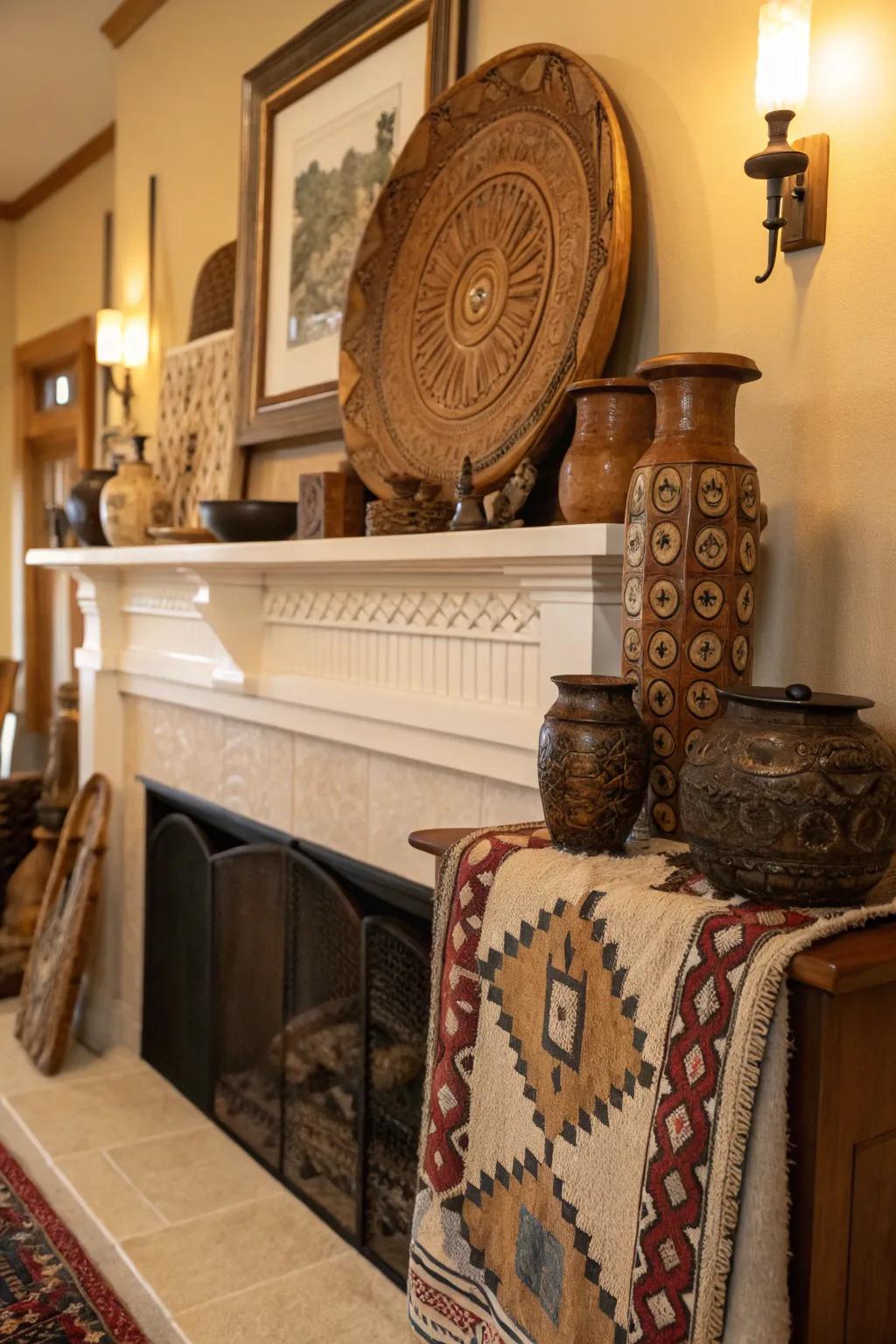 Artisan pieces on the mantel radiate warmth and a story of craftsmanship.