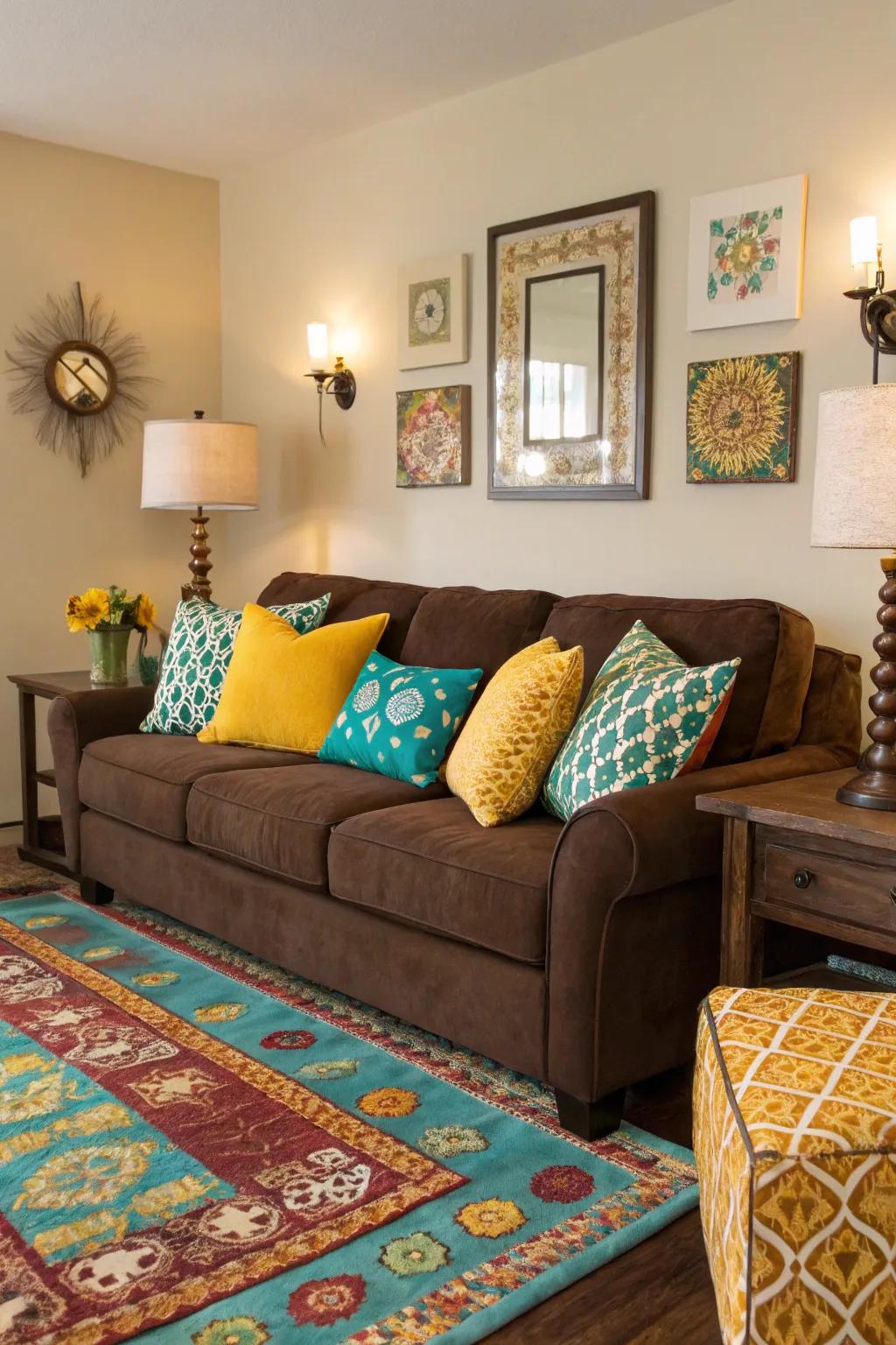 Unexpected splashes of color add energy and vibrancy to a cocoa sofa arrangement.