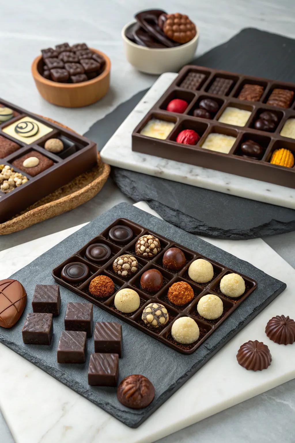 Elegant serving dishes showcasing an array of chocolates.